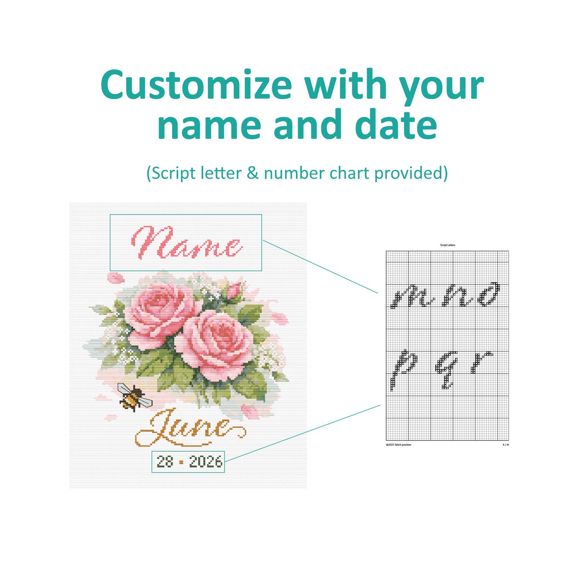 June Birth Flower Cross Stitch Pattern, Roses Birth Record, Custom Name & Date Nursery Wall Art - digital cross stitch pattern by Stitch Junction