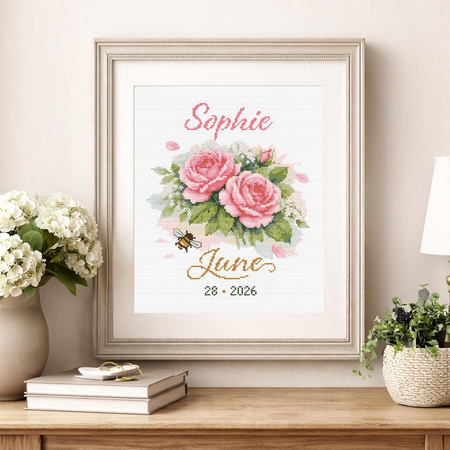 June Birth Flower Cross Stitch Pattern, Roses Birth Record, Custom Name & Date Nursery Wall Art - digital cross stitch pattern by Stitch Junction