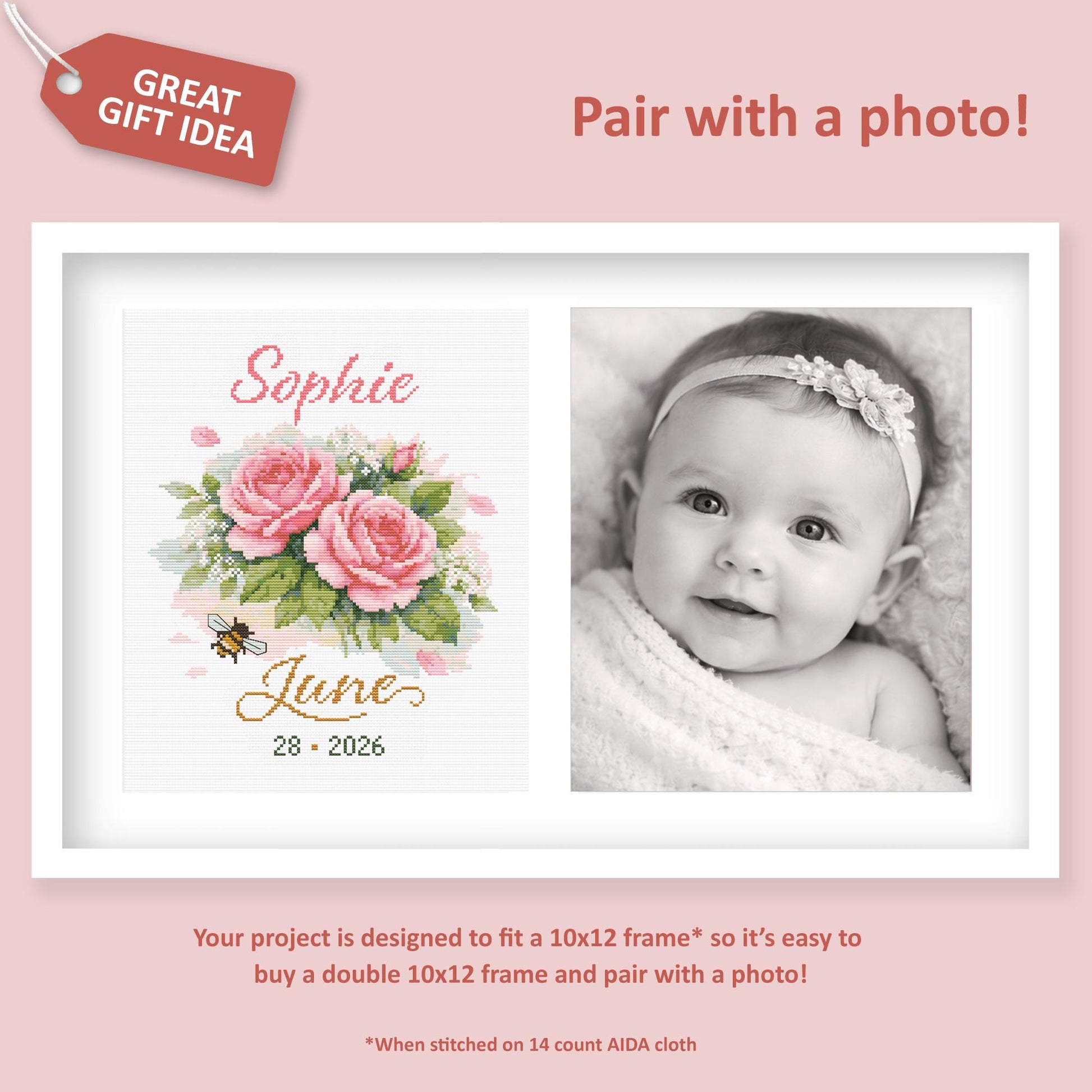 June Birth Flower Cross Stitch Pattern, Roses Birth Record, Custom Name & Date Nursery Wall Art - digital cross stitch pattern by Stitch Junction
