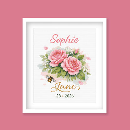 June Birth Flower, Roses Birth Record, Custom Name & Date Cross Stitch Pattern - Bird PDF Pattern - Etsy image 9