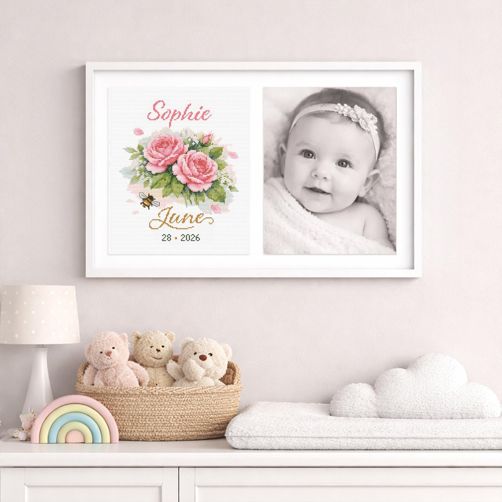 June Birth Flower Cross Stitch Pattern, Roses Birth Record, Custom Name & Date Nursery Wall Art - digital cross stitch pattern by Stitch Junction