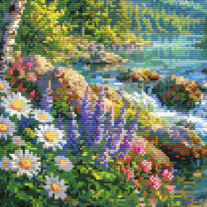 Mountain Waterfall Cross Stitch Pattern – Scenic Landscape Nature Embroidery