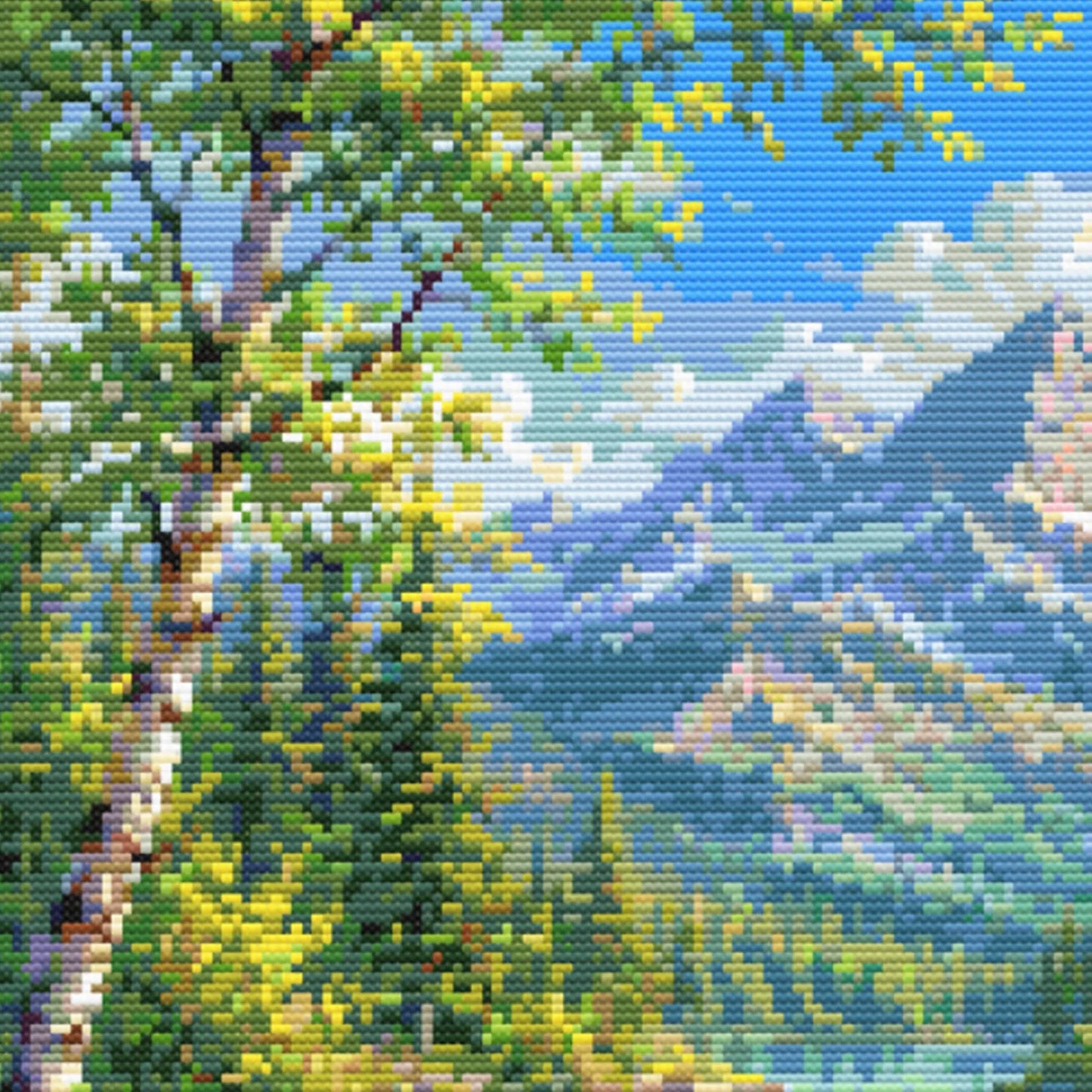 Mountain Waterfall Cross Stitch Pattern – Scenic Landscape Nature Embroidery
