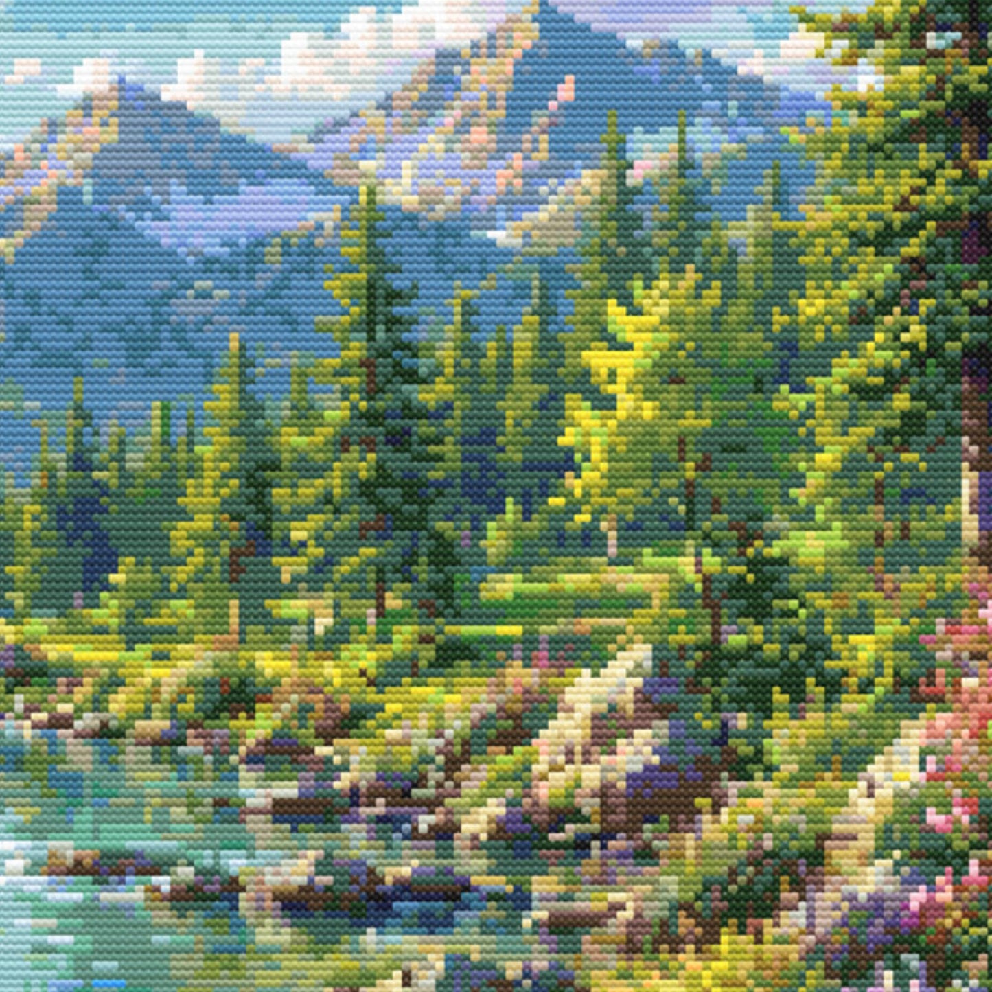 Mountain River Cross Stitch Pattern – Peaceful Forest Landscape Embroidery Chart (Digital Download)