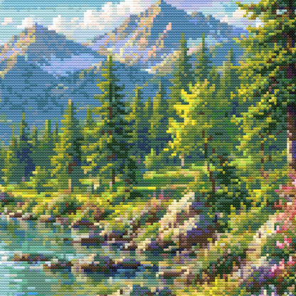 Mountain River Cross Stitch Pattern – Peaceful Forest Landscape Embroidery Chart (Digital Download)