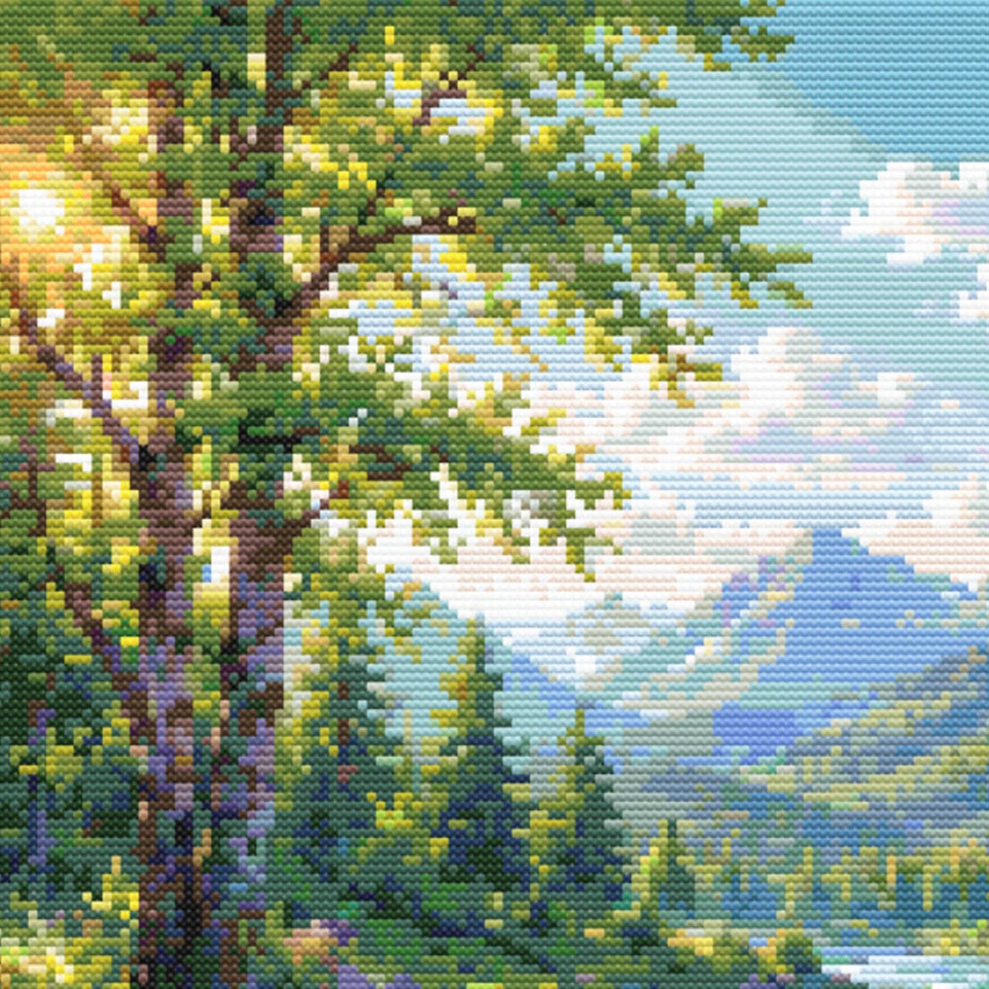 Mountain River Cross Stitch Pattern – Peaceful Forest Landscape Embroidery Chart (Digital Download)