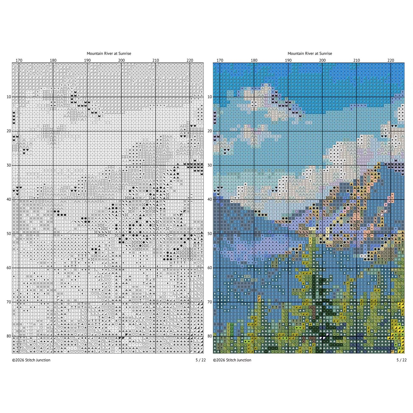 Mountain River Cross Stitch Pattern – Peaceful Forest Landscape Embroidery Chart (Digital Download)