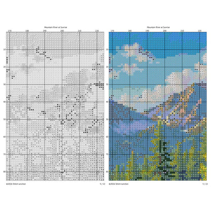 Mountain River Cross Stitch Pattern – Peaceful Forest Landscape Embroidery Chart (Digital Download)