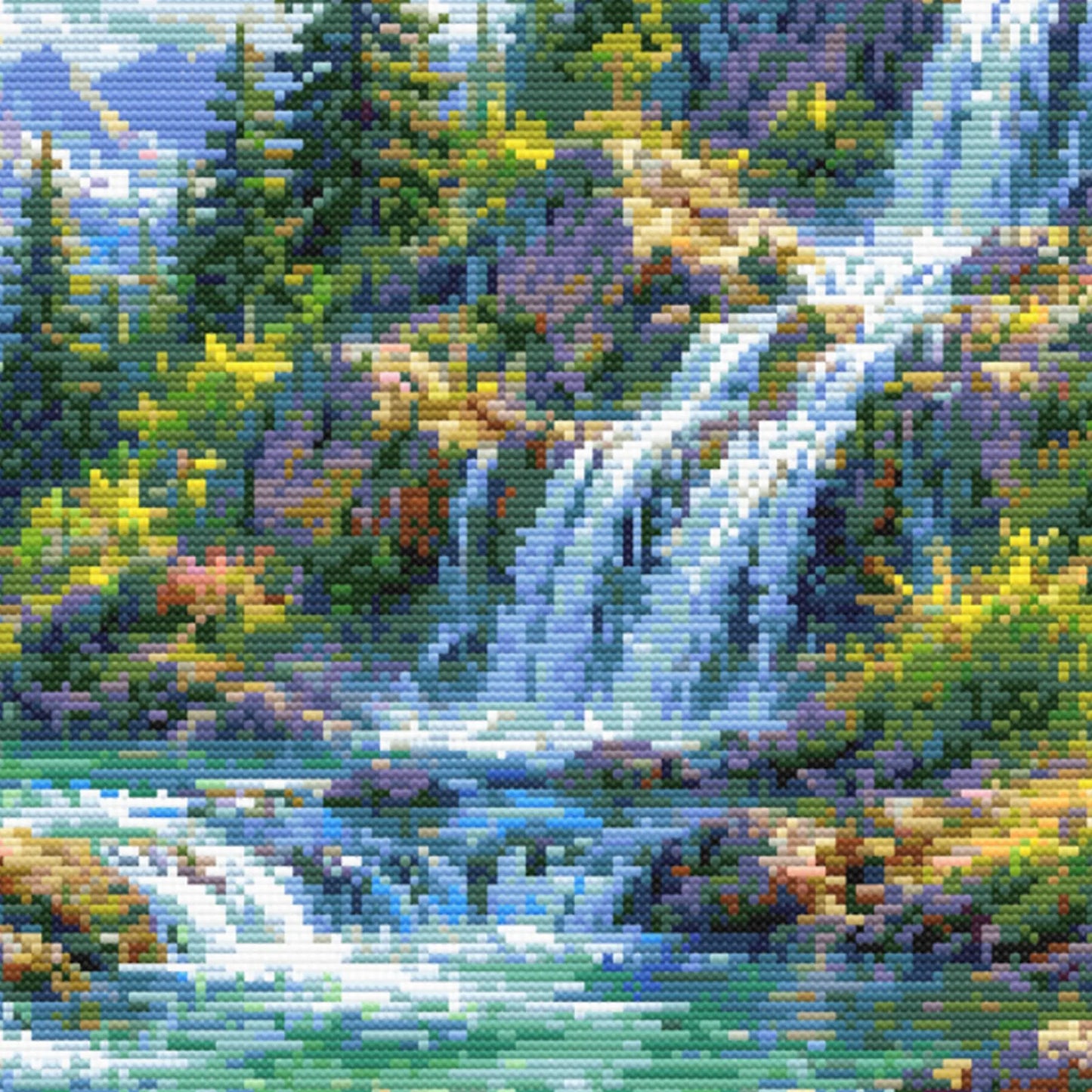 Mountain Waterfall Cross Stitch Pattern – Scenic Landscape Nature Embroidery