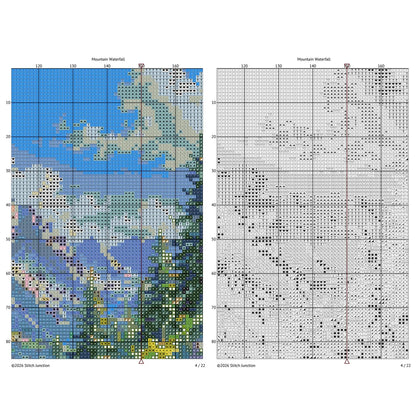 Mountain Waterfall Cross Stitch Pattern – Scenic Landscape Nature Embroidery