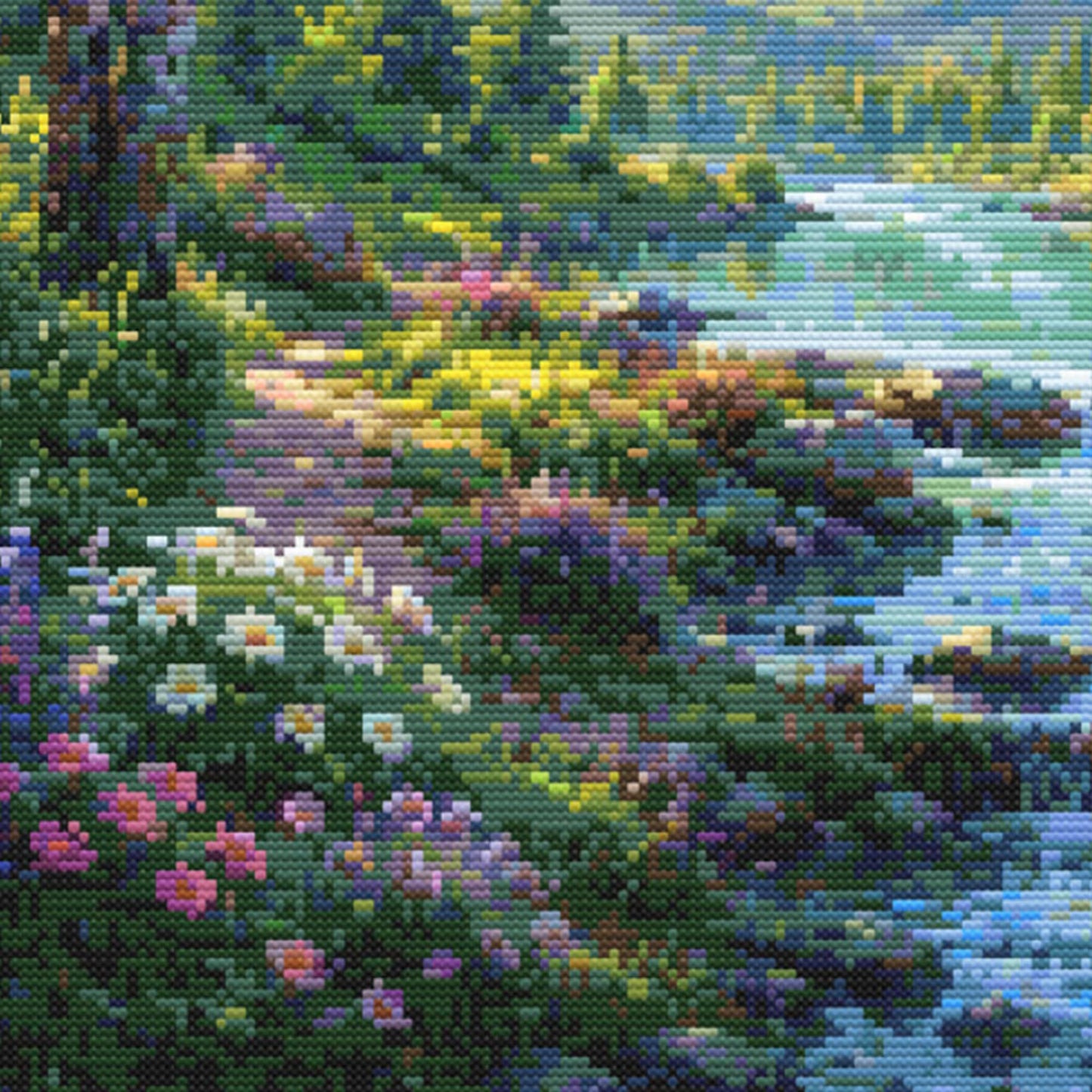 Mountain River Cross Stitch Pattern – Peaceful Forest Landscape Embroidery Chart (Digital Download)