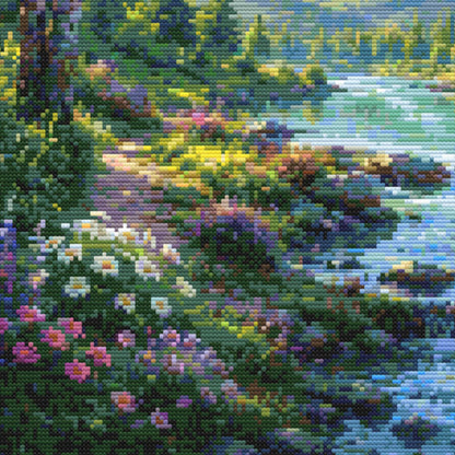 Mountain River Cross Stitch Pattern – Peaceful Forest Landscape Embroidery Chart (Digital Download)