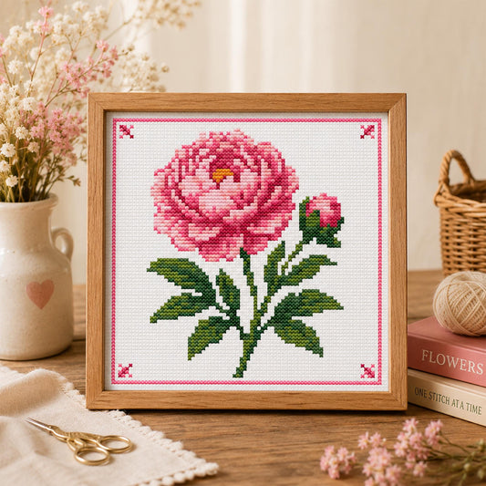Pink Peony Cross Stitch Pattern – Elegant Floral Embroidery Design (Digital Download) - Etsy image 1