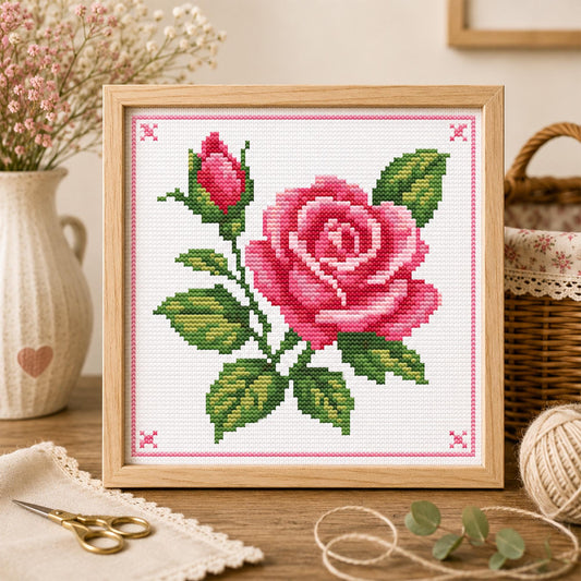 Pink Rose Cross Stitch Pattern – Classic Floral Embroidery Design (Digital Download) - Etsy image 1
