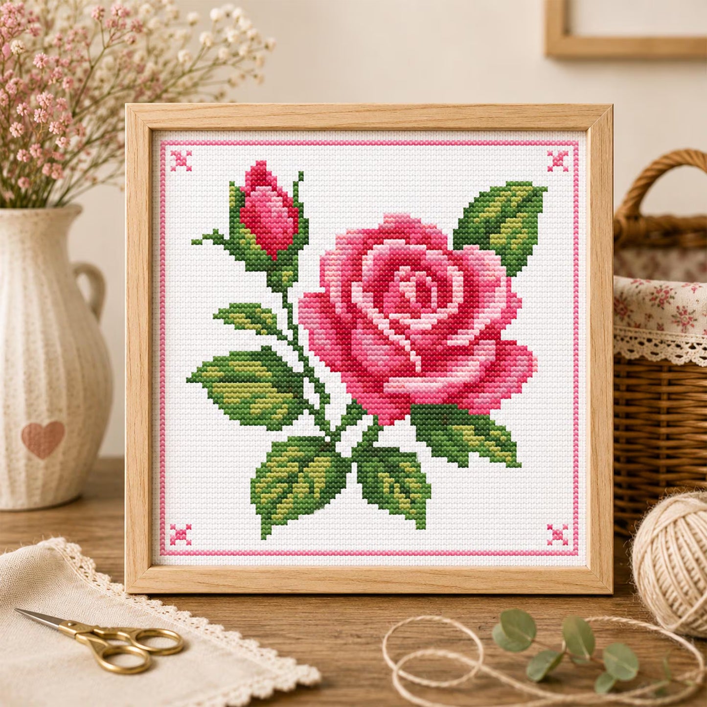 Pink Rose Cross Stitch Pattern – Classic Floral Embroidery Design (Digital Download)