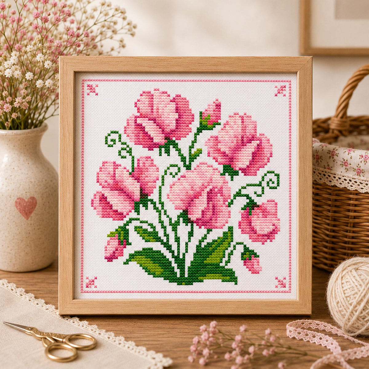 Sweet Pea Cross Stitch Pattern – Delicate Pink Floral Embroidery Design (Digital Download) - Etsy image 1