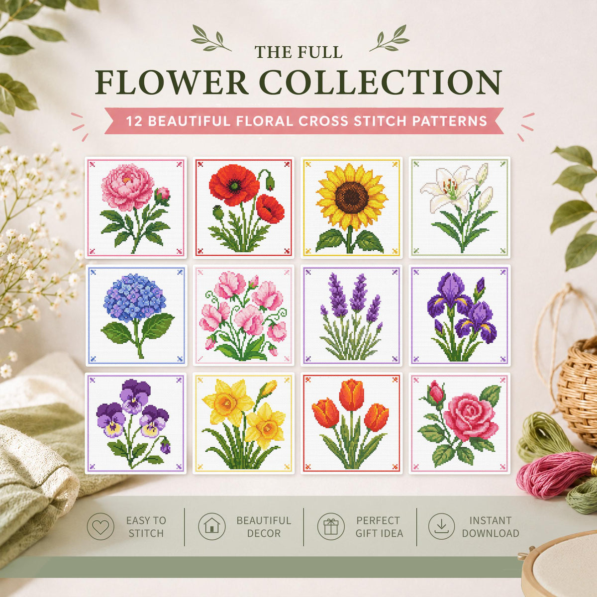 Easy Flower Cross Stitch Pattern Bundle – 12 Floral Designs (Digital Download) - Etsy image 1