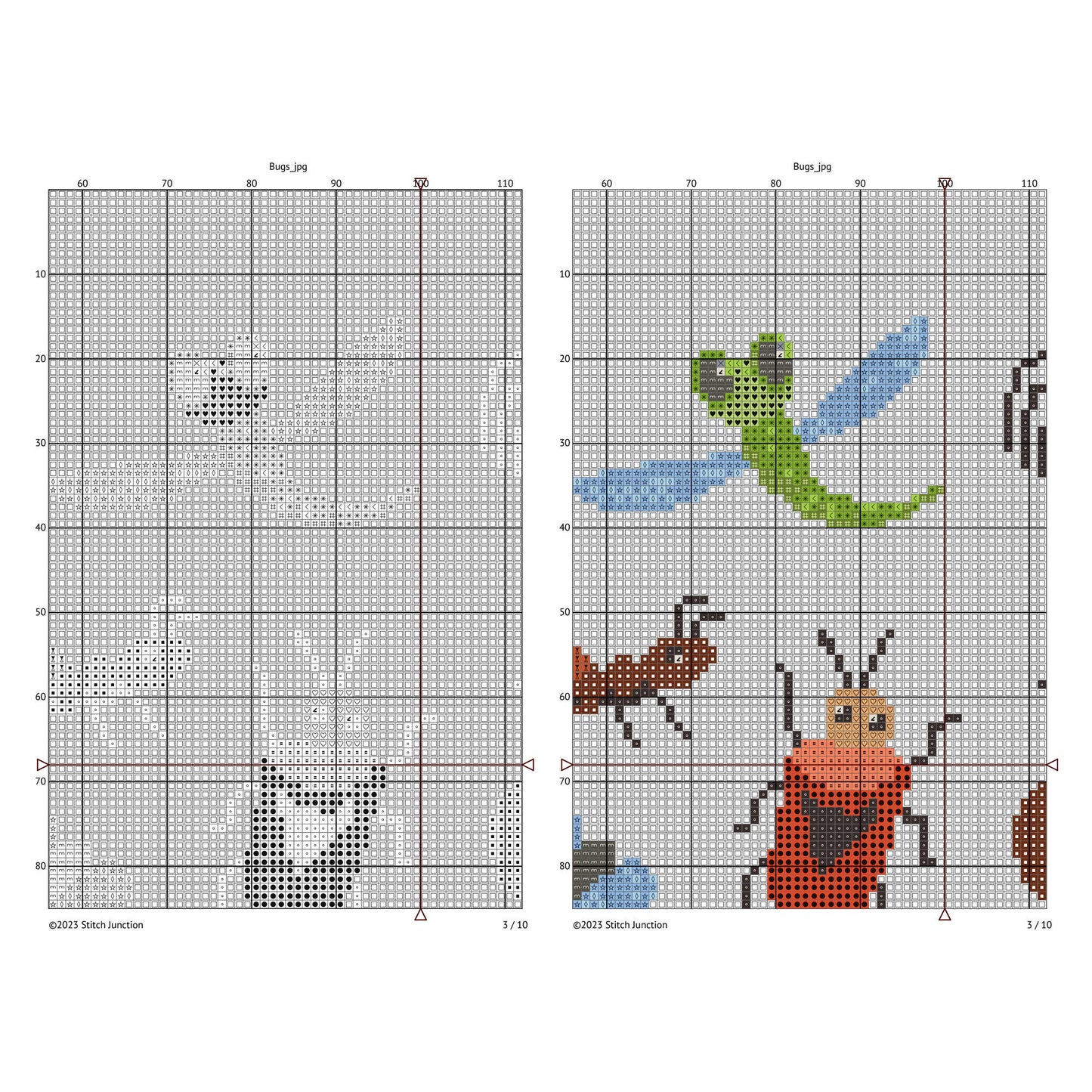 Insect Cross Stitch Pattern Set digital download chart preview with colour symbols and black-and-white symbol chart for printable counted cross stitch.