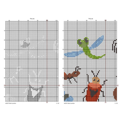 Insect Cross Stitch Pattern Set digital download chart preview with colour symbols and black-and-white symbol chart for printable counted cross stitch.