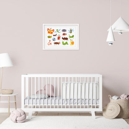 Insect Cross Stitch Pattern Set shown in a nursery room preview as colourful bug wall art above a cot.