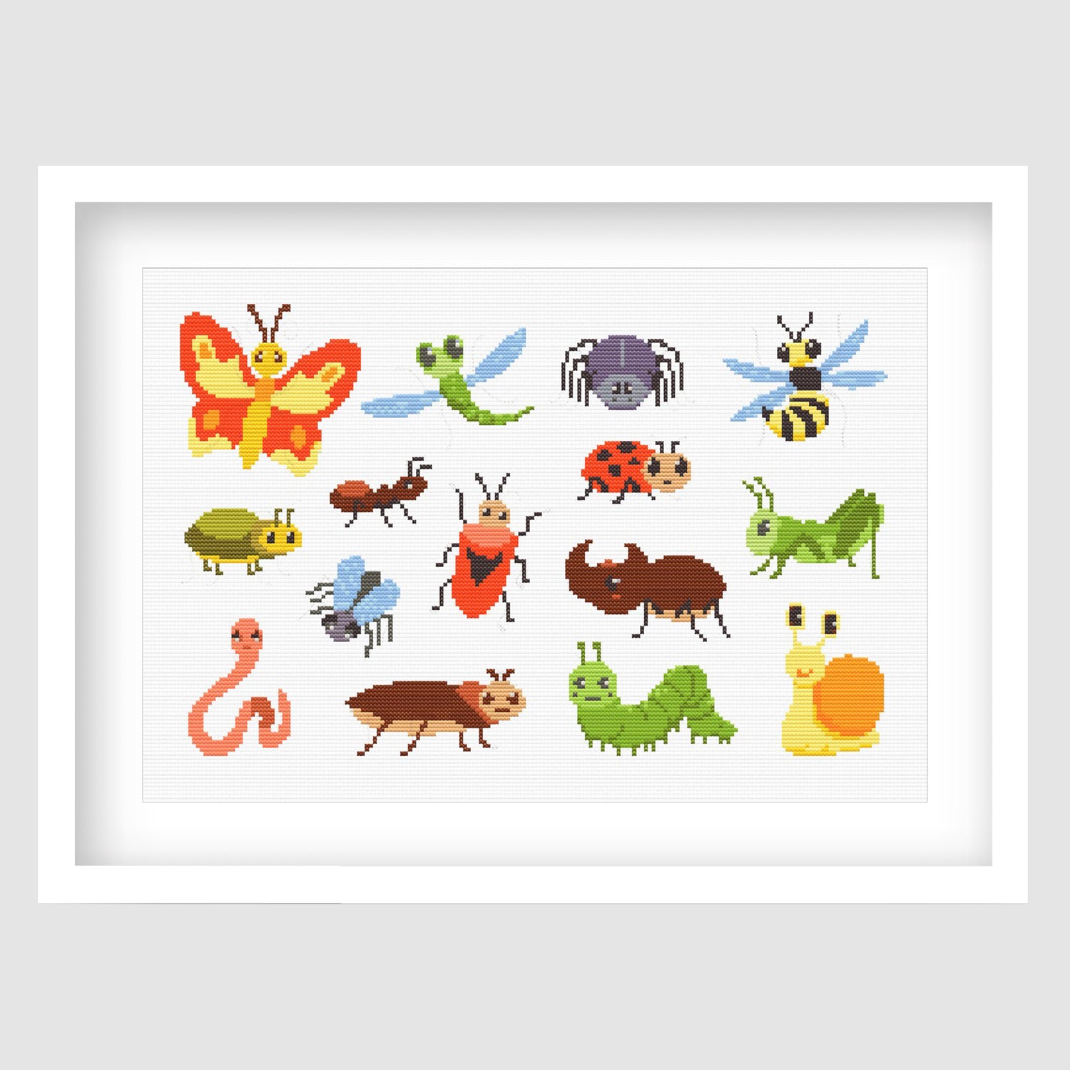 Insect Cross Stitch Pattern Set displayed as framed wall art with colourful bugs, butterflies, bees, beetles, and playful nature-inspired detail.