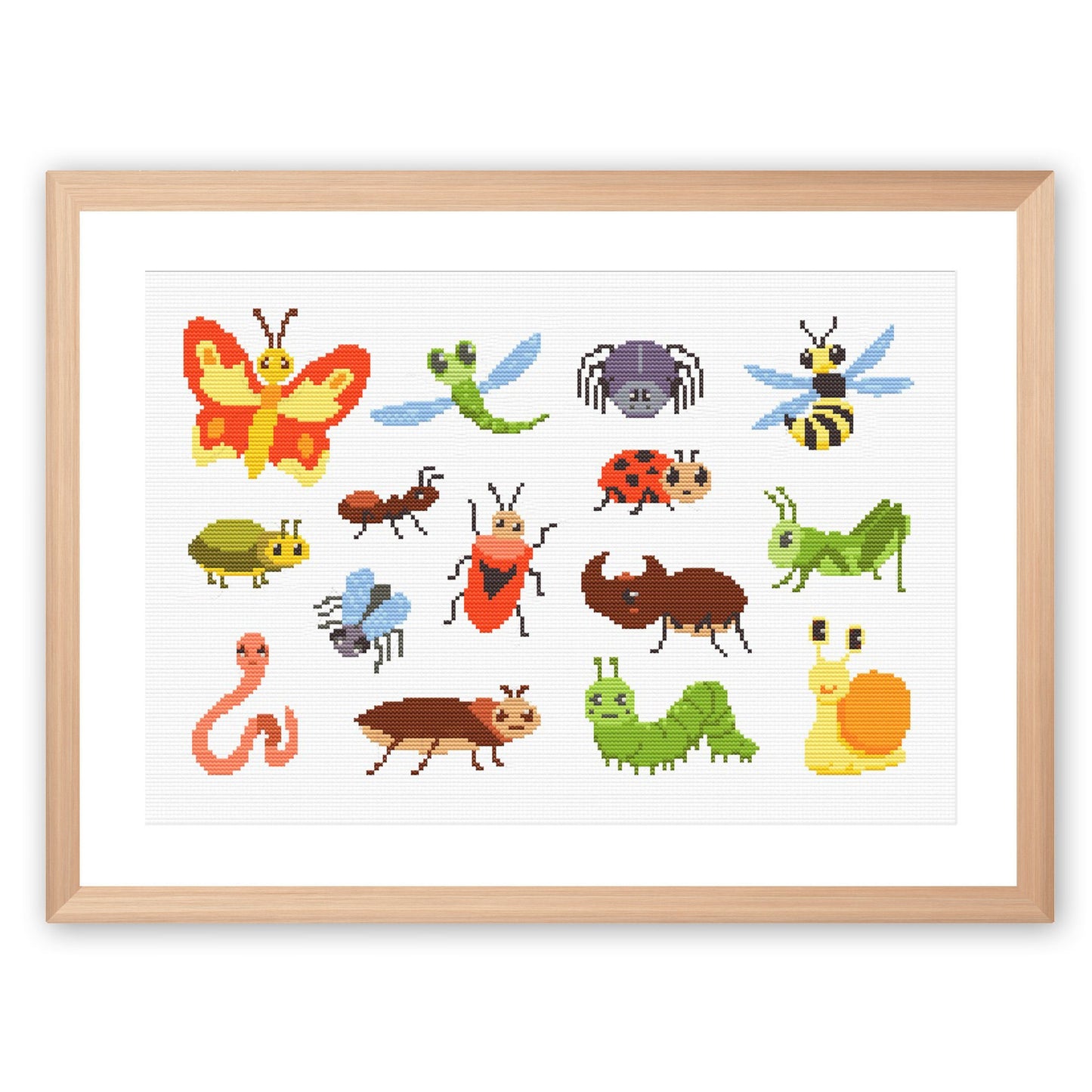 Insect Cross Stitch Pattern Set displayed in a white frame with colourful insects, bugs, and butterflies for kids room or classroom decor.
