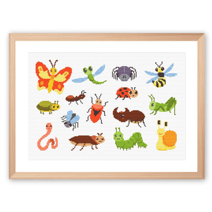 Insect Cross Stitch Pattern Set displayed in a white frame with colourful insects, bugs, and butterflies for kids room or classroom decor.