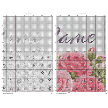 January carnation counted cross stitch chart preview showing counted pattern grid and embroidery symbols