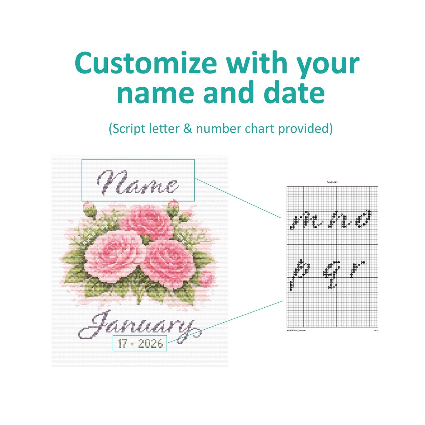 Custom name and date January birth flower cross stitch pattern with script lettering alphabet included