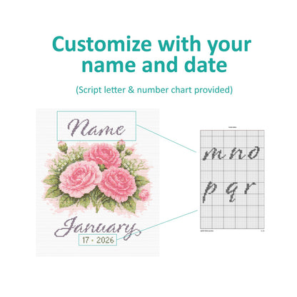 Custom name and date January birth flower cross stitch pattern with script lettering alphabet included