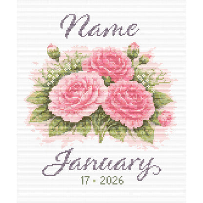 Personalised January birth flower cross stitch with custom name in script font and pink carnation bouquet