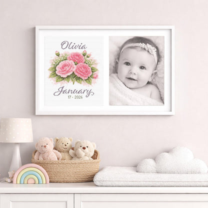 January birth flower cross stitch framed in nursery decor, personalised pink carnation embroidery gift