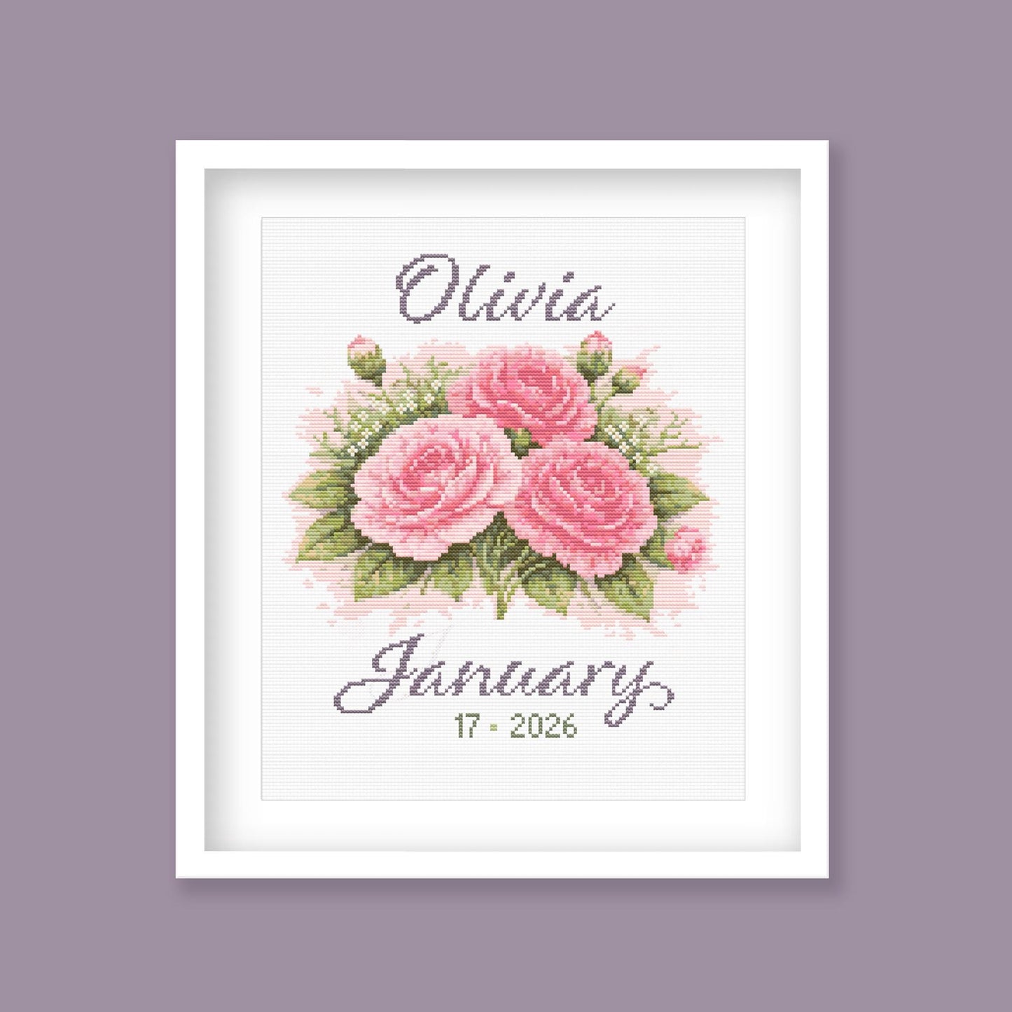 January birth flower cross stitch pattern with pink carnation bouquet and custom name, personalised floral embroidery design