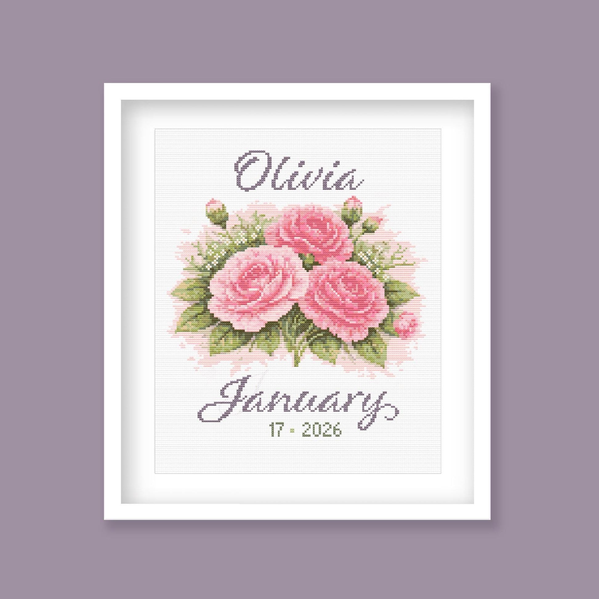 January birth flower cross stitch pattern with pink carnation bouquet and custom name, personalised floral embroidery design