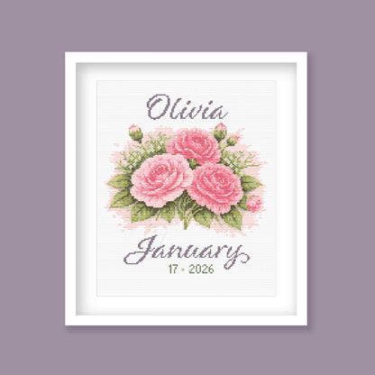 January birth flower cross stitch pattern with pink carnation bouquet and custom name, personalised floral embroidery design