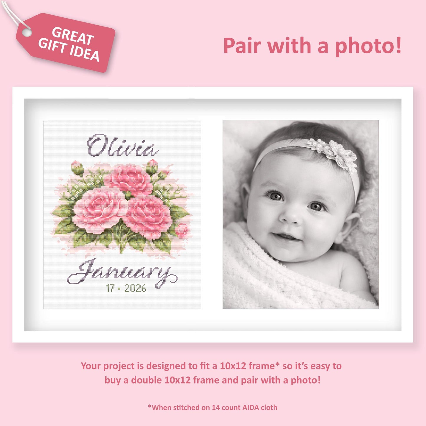 Personalised January birth flower cross stitch paired with baby photo, custom carnation embroidery keepsake