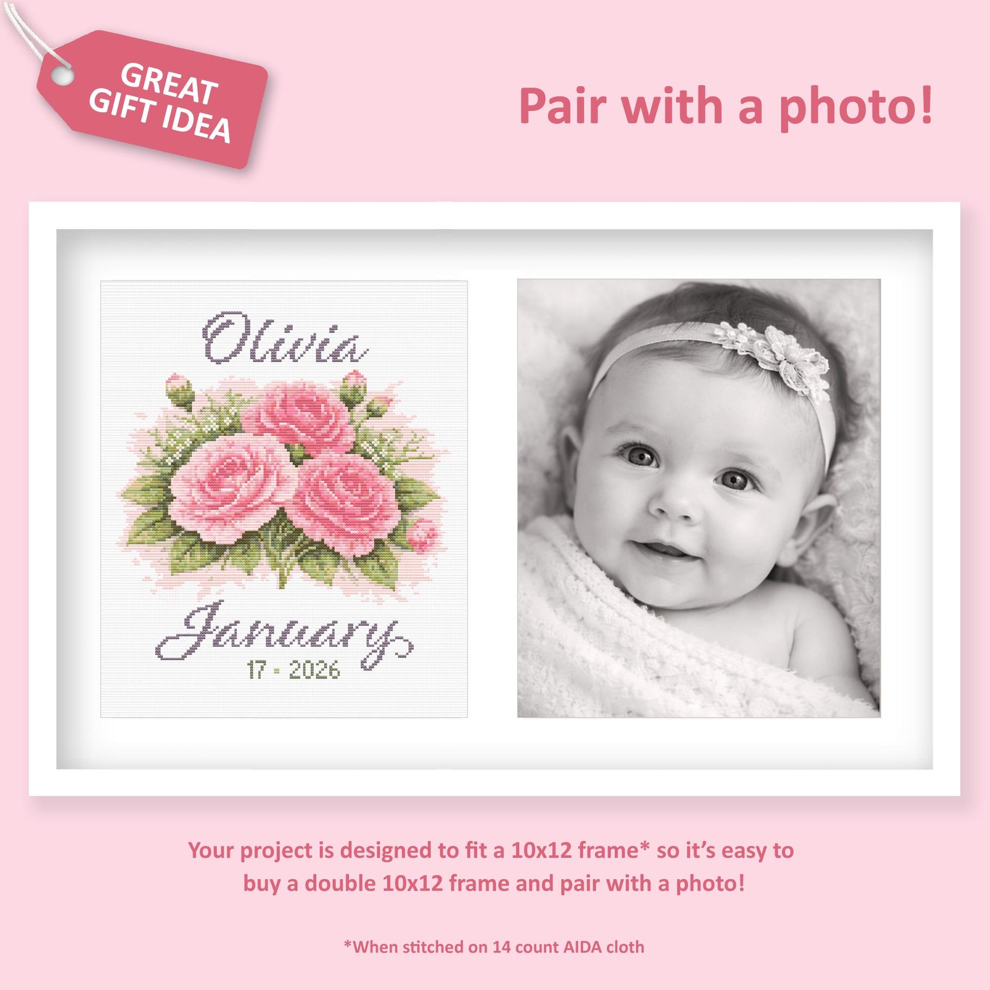 Personalised January birth flower cross stitch paired with baby photo, custom carnation embroidery keepsake