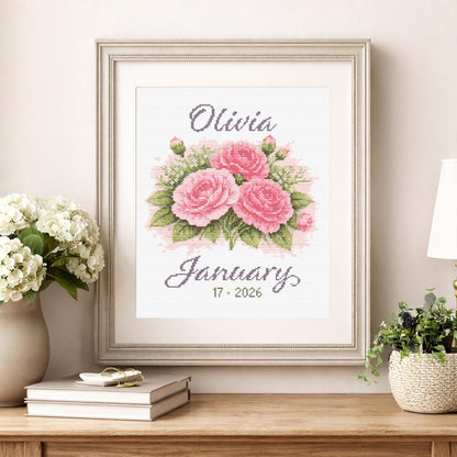 Framed January carnation cross stitch wall art with custom name and date, floral embroidery home decor