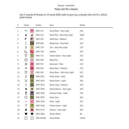 January carnation cross stitch pattern DMC floss list and colour legend for floral embroidery project