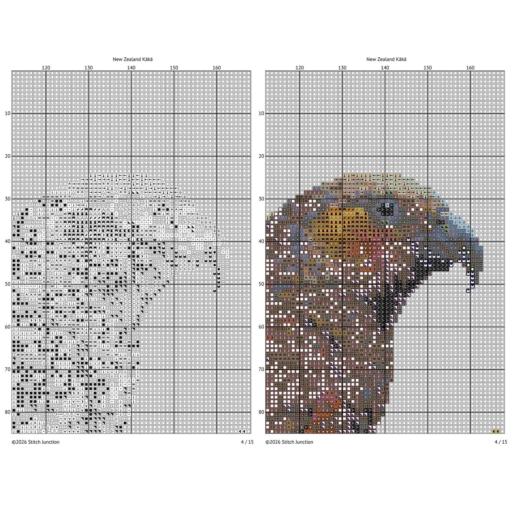 New Zealand Kākā Cross Stitch Pattern digital download chart preview with colour symbols and black-and-white symbol chart for printable counted cross stitch.