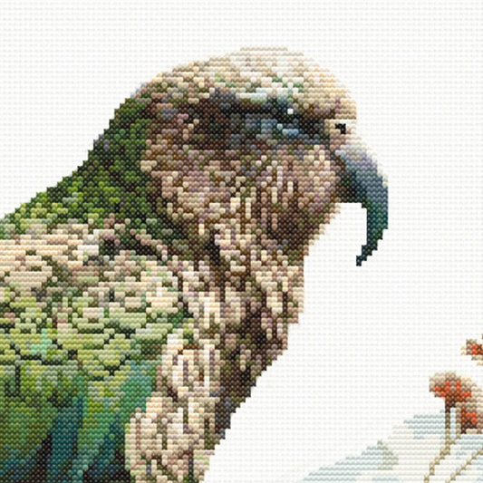Close-up of New Zealand Kea Cross Stitch Pattern showing the kea’s head, curved beak, green feather detail, and visible counted cross stitch texture.
