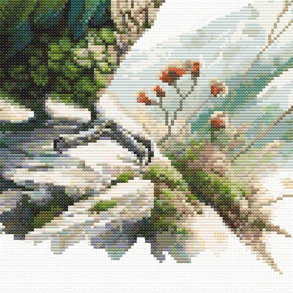 Close-up of New Zealand Kea Cross Stitch Pattern showing mountain foliage, white flowers, greenery, and natural alpine bird detail.