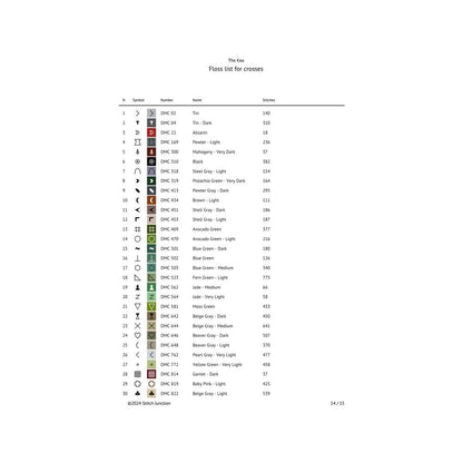 New Zealand Kea Cross Stitch Pattern digital download thread list showing floss colours and chart details for the printable PDF pattern.