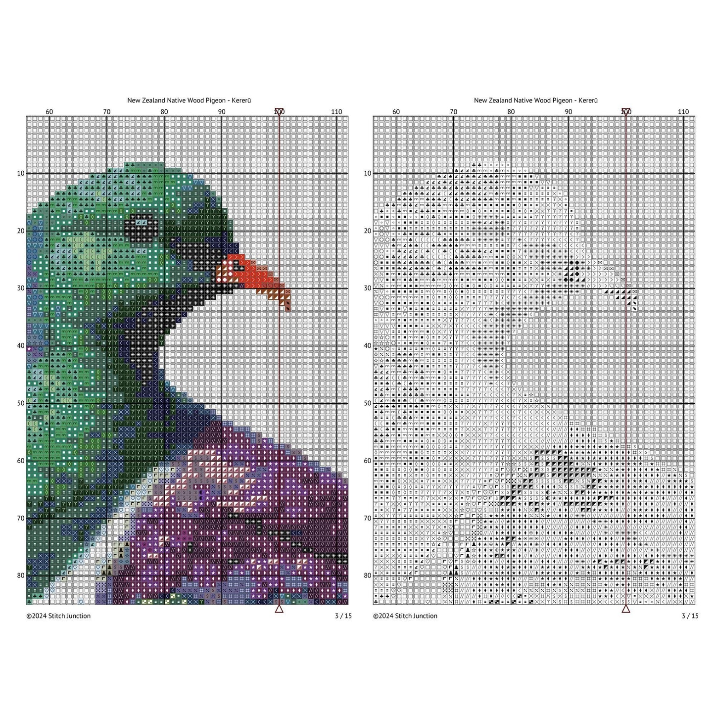New Zealand Kererū Cross Stitch Pattern digital download chart preview with colour symbols and black-and-white symbol chart for printable counted cross stitch.