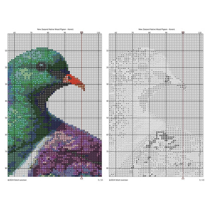 New Zealand Kererū Cross Stitch Pattern digital download chart preview with colour symbols and black-and-white symbol chart for printable counted cross stitch.