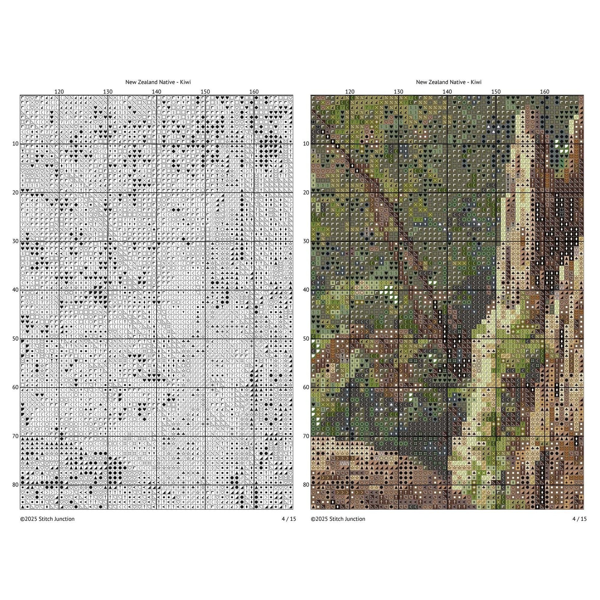 Kiwi Cross Stitch Pattern digital download chart preview with colour symbols and black-and-white symbol chart for printable counted cross stitch.