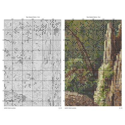 Kiwi Cross Stitch Pattern digital download chart preview with colour symbols and black-and-white symbol chart for printable counted cross stitch.