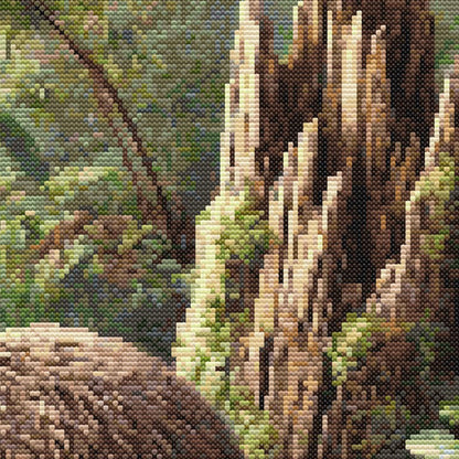 Close-up of Kiwi Cross Stitch Pattern showing the kiwi bird’s brown feather texture, long beak, forest greenery, and visible counted cross stitch detail.