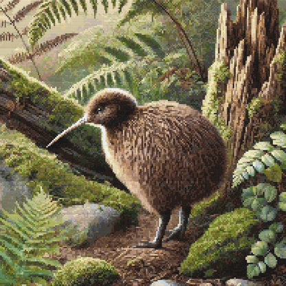 Close-up of Kiwi Cross Stitch Pattern showing mossy logs, fern detail, native forest texture, and earthy woodland colours.