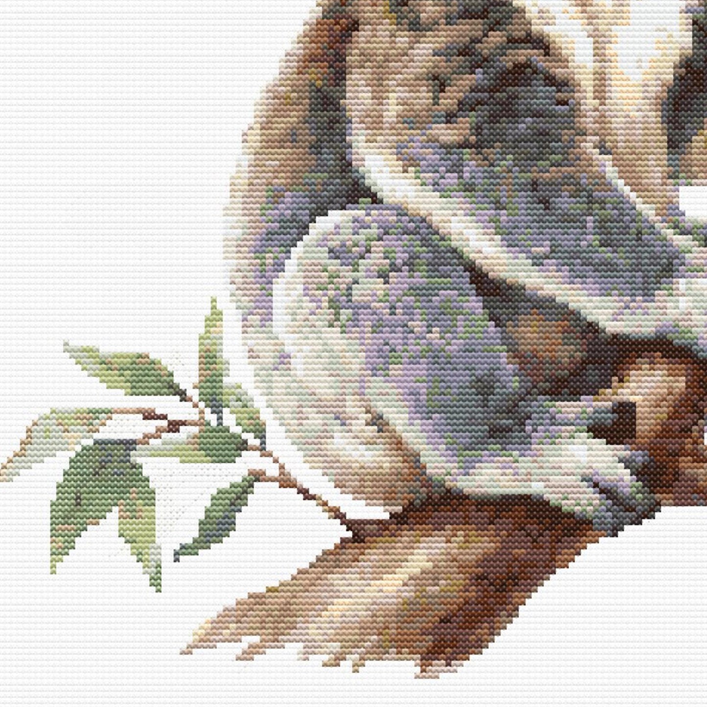 Close-up of Koala Cross Stitch Pattern showing the koala body, tree branch, eucalyptus leaves, and natural Australian wildlife detail.